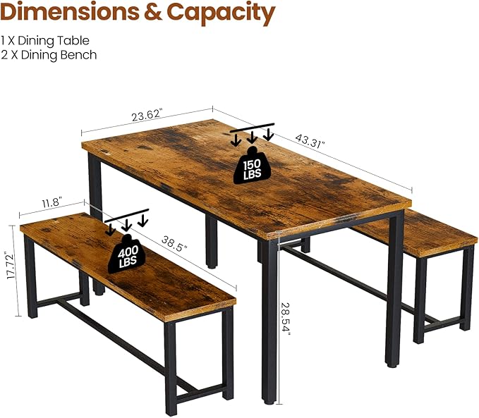 DKLGG 3-Pieces Dining Table Set with 2 Benches, Dining Table Set for 4, Wood Kitchen Table and Chairs Sets w/Metal Frame, Dining Sets for Small Spaces Kitchen Dining Room Restaurants (Rustic Brown) - LeafyLoom