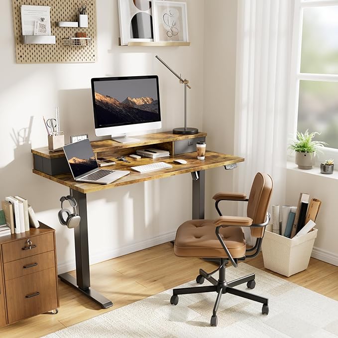 63 x 24 Inches Height Adjustable Electric Standing Desk with 2 Drawers, Stand Up Electric Desk Adjustable Height, Sit Stand Computer Gaming Table with Splice Board, Rustic Brown - LeafyLoom
