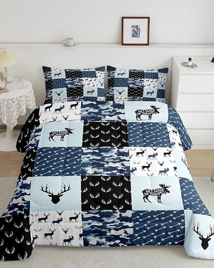 Cute Deer Comforter Set Full, Military Camo Bedding Set for Kids Boys Teens Bedroom Tribal Animal Antlers Silhouette Quilted Comforter Checkered Plaid Arrows Bedding Comforters, Army Blue and White - LeafyLoom