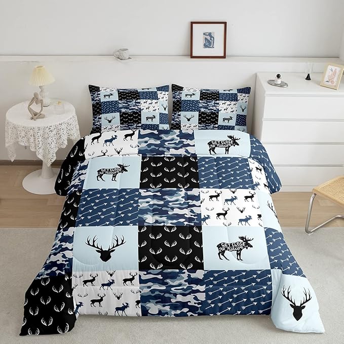 Cute Deer Comforter Set Queen, Military Camo Bedding Set for Kids Boys Teens Bedroom Tribal Animal Antlers Silhouette Quilted Comforter Checkered Plaid Arrows Bedding Comforters, Army Blue and White - LeafyLoom