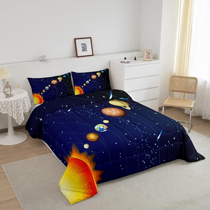 Erosebridal Boys Outer Space Down Comforter, Kids Galaxy Nebula Comforter Set King Size, Starry Sky Cosmos Bedding Set for Children Girls, Solar System Starry Landscape Quilted Duvet, Blue Purple - LeafyLoom