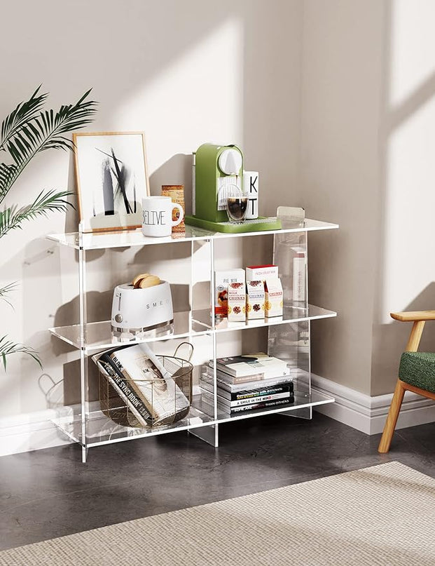 Acrylic Bookshelf, Small 3 tier Bookcase for Small Spaces,Acrylic Console Table, Hallway Entry Table for Living Room (Clear, 39.4'' x 11.8'' x 31.5'') - LeafyLoom