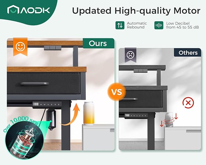 AODK 47 Inch Electric Standing Desk with 3 Drawers, Brown, Height Adjustable Desk with Power Outlets & LED Lights, Stand Up Desk with Monitor Shelf, Sit Stand Desk Computer Workstation - LeafyLoom