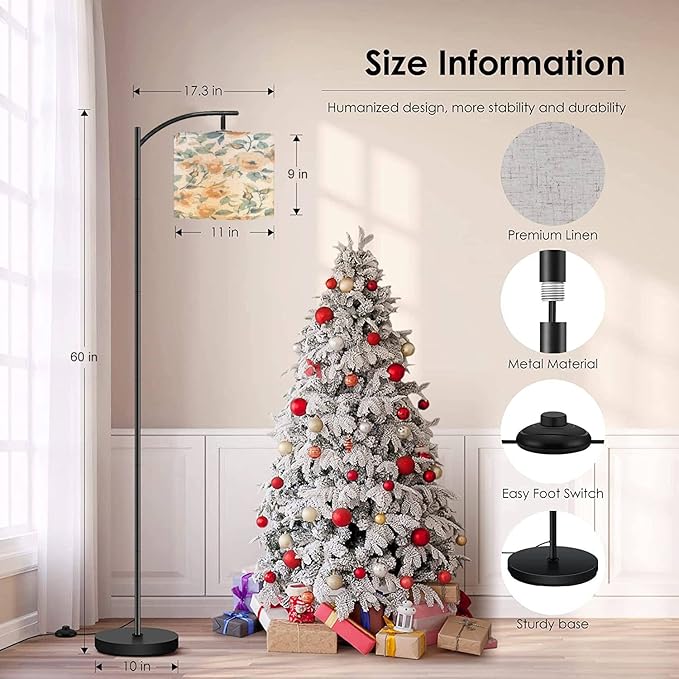 Modern Arc Floor Lamp with Dimmer Mid Century Seamless spring flowers leaves modern pastel summer winter rose floral Metal Standing Lamp with Linen Shade Footswitch for Living Room Bedroom Office - LeafyLoom