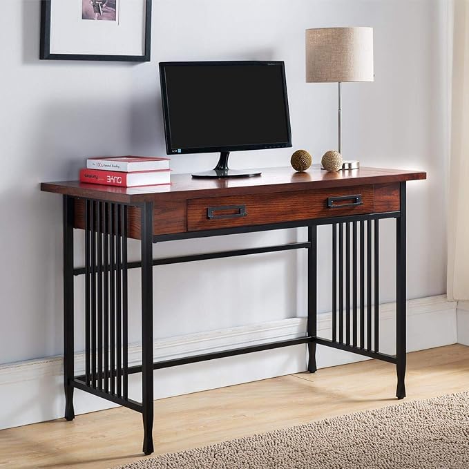 Leick Home 11200 Ironcraft Rustic Writing/Computer Desk with Drop Front Keyboard Drawer, Mission Oak and Black, 22x 46x 30, Brownbronze - LeafyLoom
