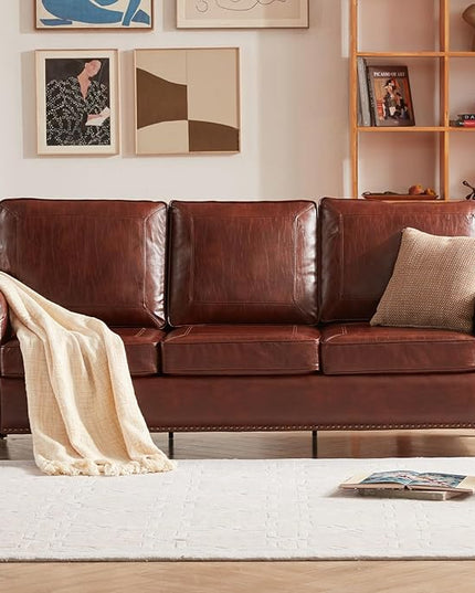 Dreamsir 79'' Traditional Faux Leather Sofa Couch with Nailhead Trim, Classic 3-Seater Sofa with Rolled Arms for Living Room, Bedroom, Apartment, Easy to Install (Retro Brown) - LeafyLoom
