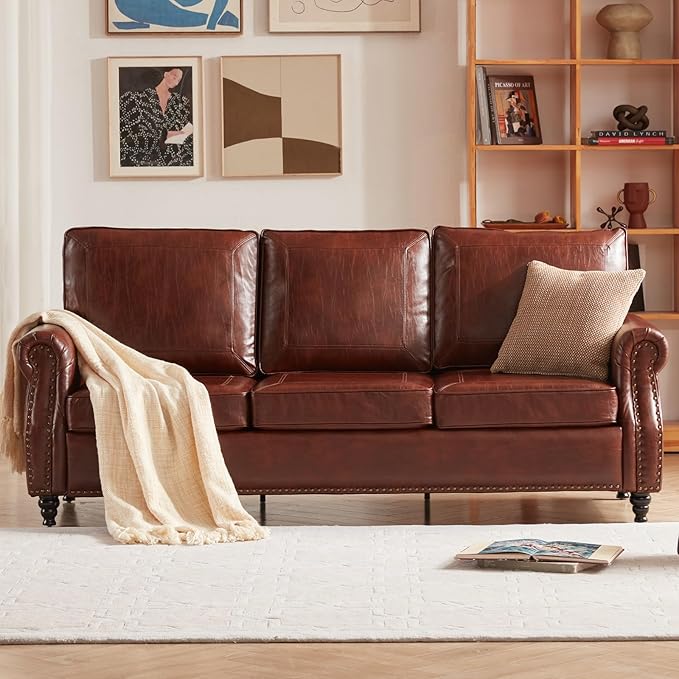 Dreamsir 79'' Traditional Faux Leather Sofa Couch with Nailhead Trim, Classic 3-Seater Sofa with Rolled Arms for Living Room, Bedroom, Apartment, Easy to Install (Retro Brown) - LeafyLoom