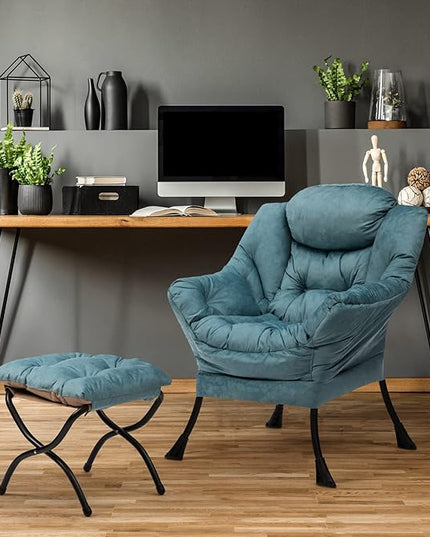 AbocoFur Fabric Lazy Chair with Foldable Ottoman, Accent Comfy Lounge Arm Chair and Folding Footrest Stool Set, Leisure Sofa Reading Chair and Footstool for Living Room, Bedroom, Dorm, Blue - LeafyLoom
