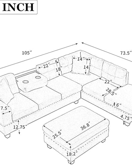 104.5" Modern L-Shape Sectional Sofa with Reversible Chaise &Storage Ottoman, Linen Upholstered Couch w/Rivet Ornament, 2 Pillows and Cup Holder, for Living Room, Apartment - LeafyLoom