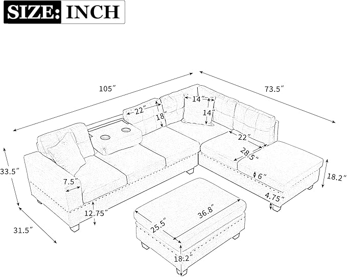 104.5" Modern L-Shape Sectional Sofa with Reversible Chaise &Storage Ottoman, Linen Upholstered Couch w/Rivet Ornament, 2 Pillows and Cup Holder, for Living Room, Apartment - LeafyLoom
