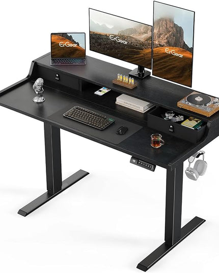 ErGear Electric Standing Desk with Drawers, 48″ x 24″ Gaming Desk with Monitor Stand, C-Clamp Mount Compatible, Home Office Height-Adjustable Desk with Storage Shelf, 4 Preset Heights, Black, EGESD36B - LeafyLoom