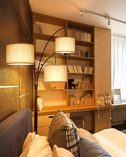 OUTON Tall Arc Floor Lamp - Adjustable, Modern, 3-Light Arched Lamp for Bedroom, Office, and Living Room, 2400lm Mid Century Design with 3 Energy-Efficient LED Bulbs Included, Beige Lampshade - LeafyLoom