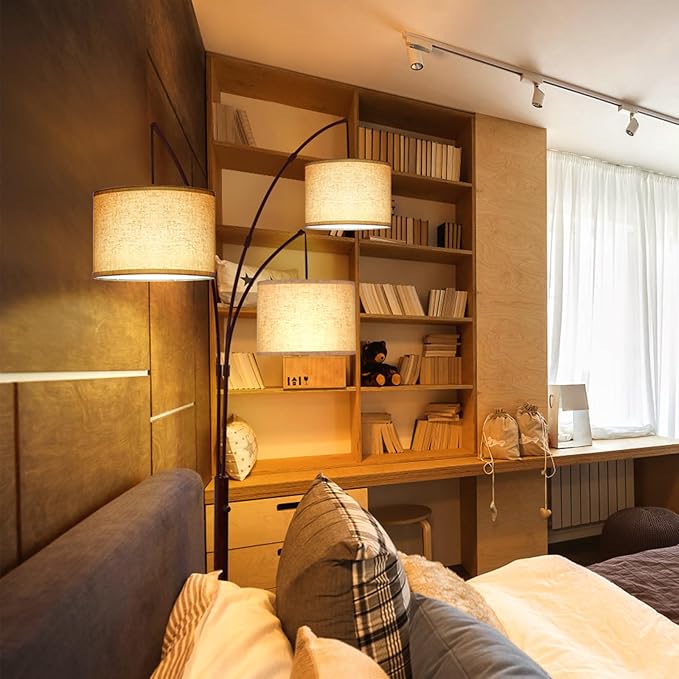 OUTON Tall Arc Floor Lamp - Adjustable, Modern, 3-Light Arched Lamp for Bedroom, Office, and Living Room, 2400lm Mid Century Design with 3 Energy-Efficient LED Bulbs Included, Beige Lampshade - LeafyLoom