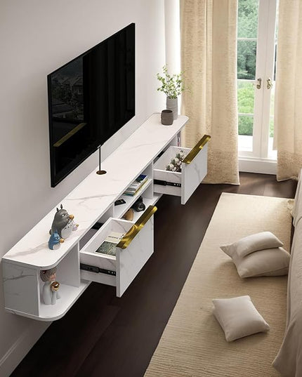 Pmnianhua Floating TV Stand with 2 Drawers,63'' Wall Mounted TV Shelf,Floating Shelf for Under TV,Floating TV Console with Cabinets for Bedroom Living Room(White) - LeafyLoom