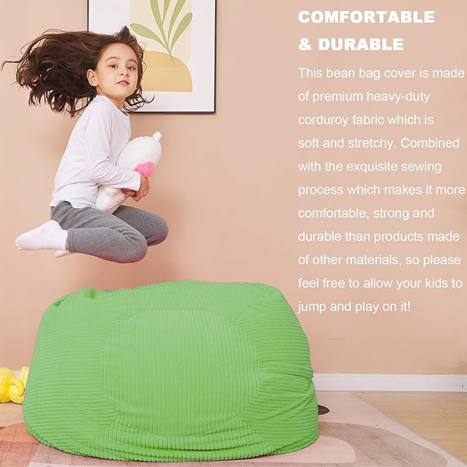 Stuffed Animal Storage Bean Bag Chair Cover for Kids, 38" Beanbag Chairs Cover Plush Toys Organizer Super Soft Corduroy with Handle and Zipper for Boys and Girls - Green - LeafyLoom