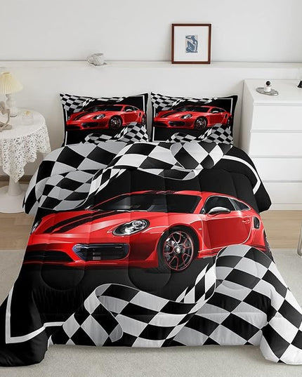 Boys Race Car Comforter Set Full Size,Black White Checkered Geometric Bedding Set 3pcs for Kids Teens Boys Men,Extreme Sport Games Race Flag Quilt Set,Cartoon Fashion Duvet Insert,2 Pillowcases - LeafyLoom