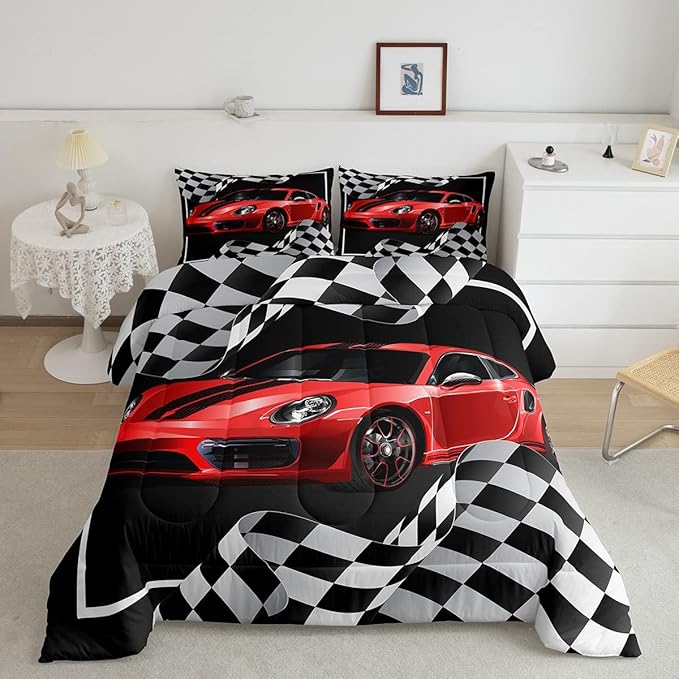 Boys Race Car Comforter Set Full Size,Black White Checkered Geometric Bedding Set 3pcs for Kids Teens Boys Men,Extreme Sport Games Race Flag Quilt Set,Cartoon Fashion Duvet Insert,2 Pillowcases - LeafyLoom
