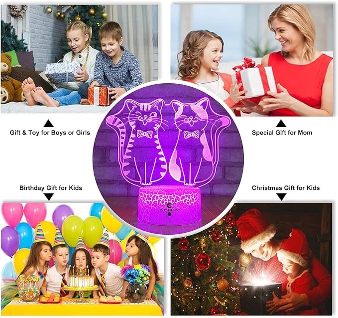 easuntec Cat Gifts for Cat Lovers Cat Lamp with Remote & Smart Touch 7 Colors + 16 Colors Changing Dimmable Cat Gifts 4 5 6 7 8 Year Old Girl Gifts (2Cat 16WT) - LeafyLoom