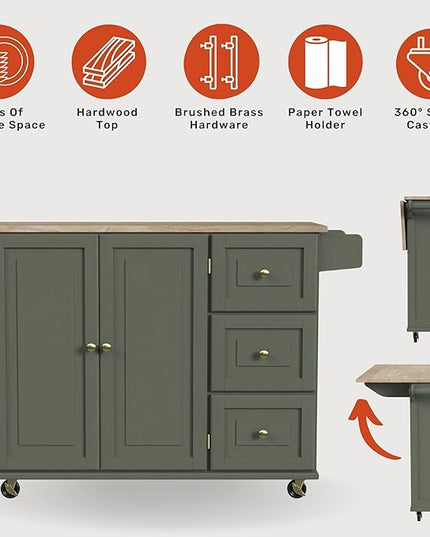 Homestyles Mobile Kitchen Island Cart with Wood Top and Dropleaf Breakfast Bar, 18" D x 53.5" W x 36" H, Green - LeafyLoom
