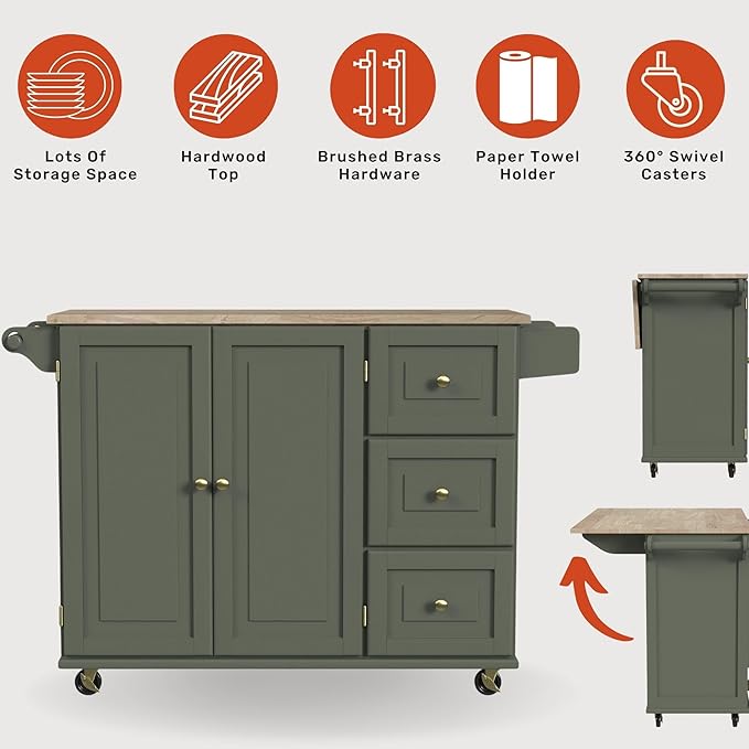 Homestyles Mobile Kitchen Island Cart with Wood Top and Dropleaf Breakfast Bar, 18" D x 53.5" W x 36" H, Green - LeafyLoom