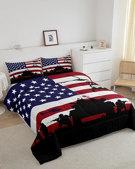 Feelyou American Flag Comforter Set for Girls Kids Boys Men Soldier Rifle Helicopter Tank Bedding Set Red Blue Stars Stripes USA Flag Comforter Room Decor Army Guns Military Down Comforter Twin Size - LeafyLoom