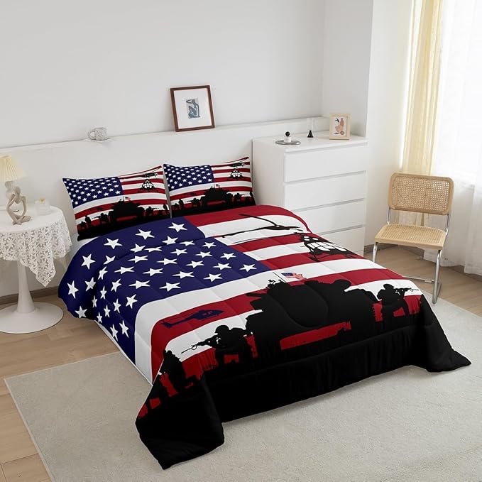Feelyou American Flag Comforter Set for Girls Kids Boys Men Soldier Rifle Helicopter Tank Bedding Set Red Blue Stars Stripes USA Flag Comforter Room Decor Army Guns Military Down Comforter Twin Size - LeafyLoom