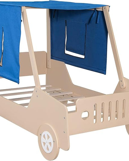 Twin Size Race Jeep Car Bed Platform Bed with Tent Canopy and Wheels,Wood Bed Frame W/Raised Bed Design,for Kids Boys Girls Teens,White+Natural - LeafyLoom
