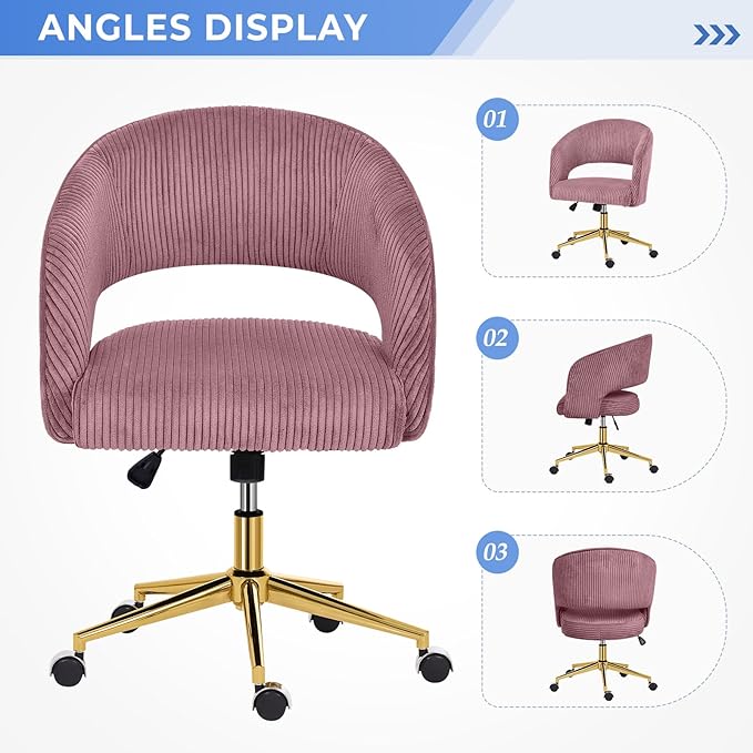Rose Pink Office Chair, Corduroy Home Office Desk Chairs with Wheels and Gold Base, Mid Century Swivel Vanity Chair, Comfy Rolling Chair for Bedroom, Living Room, Study - LeafyLoom