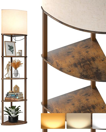 addlon Corner Lamps 5-Tier Shelf Floor Lamp Display with 3 Color Temperatures LED Bulb and Linen Lamp Shade, Shelves for Living Room, Bedroom and Office - Vintage - LeafyLoom