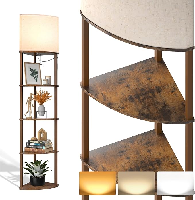 addlon Corner Lamps 5-Tier Shelf Floor Lamp Display with 3 Color Temperatures LED Bulb and Linen Lamp Shade, Shelves for Living Room, Bedroom and Office - Vintage - LeafyLoom
