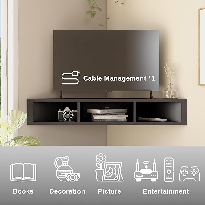 24/7 Shop at Home French 47 inch Modern Floating TV Stand with Storage, Floating Corner Shelf for Wall, Wood Entertainment Center with Shelves for Living Room, Bedroom, Family, Cappuccino Brown - LeafyLoom