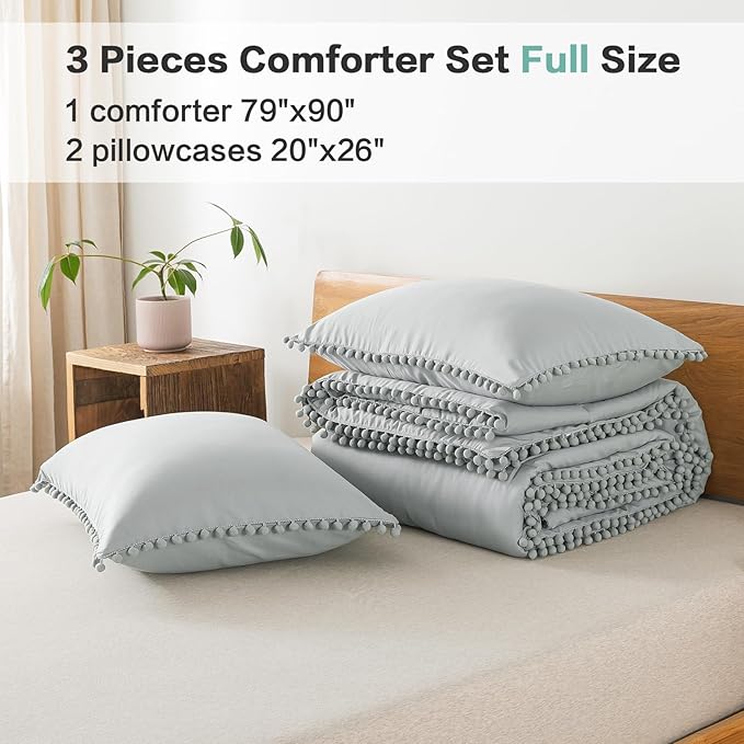 Litanika Comforter Full Size Set Light Grey,3 Pieces Light Grey Boho Pom Pom Lightweight Bed Comforter Full,All Season Soft Color Bedding Comforter Sets (1 Comforter 79x90 Inch, 2 Pillowcases) - LeafyLoom