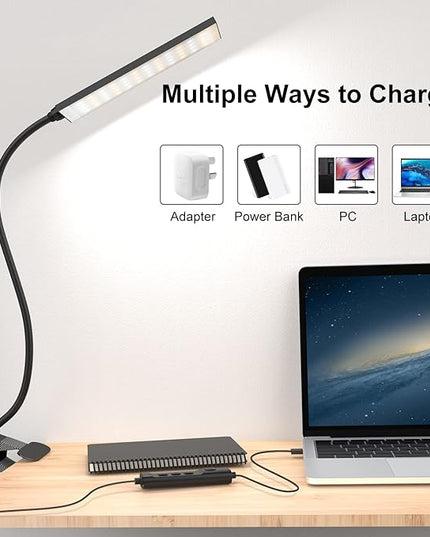 RAOYI LED Desk Lamp, 5W USB Clip on Light Eye-Caring Reading Clamp Table Lamp with 48 LEDs Flexible Gooseneck, 3 Color Modes and 14 Brightness Levels for Office Bedroom Study (Black) - LeafyLoom