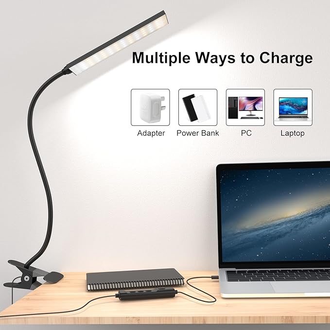 RAOYI LED Desk Lamp, 5W USB Clip on Light Eye-Caring Reading Clamp Table Lamp with 48 LEDs Flexible Gooseneck, 3 Color Modes and 14 Brightness Levels for Office Bedroom Study (Black) - LeafyLoom