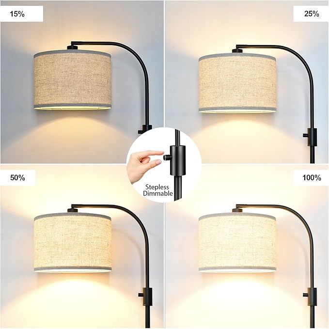 【Upgraded】 Dimmable Floor Lamp, 1200 Lumens LED Edison Bulb Included, Arc Floor Lamps for Living Room Modern Standing Lamp with Linen Shade, Black Tall Lamp for Living Room Bedroom Office Dining Room - LeafyLoom