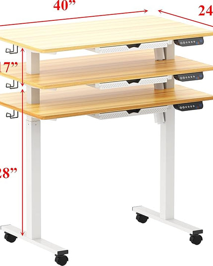 SHW Small Electric Height Adjustable Mobile Sit Stand Desk with Drawer, Hanging Hooks and Cable Management, 40 x 24 Inches, Oak - LeafyLoom