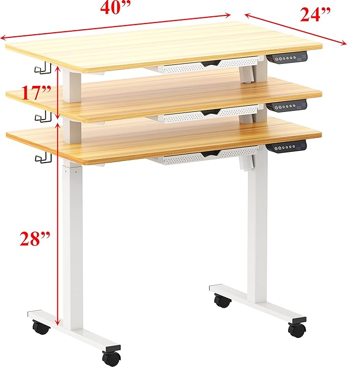 SHW Small Electric Height Adjustable Mobile Sit Stand Desk with Drawer, Hanging Hooks and Cable Management, 40 x 24 Inches, Oak - LeafyLoom