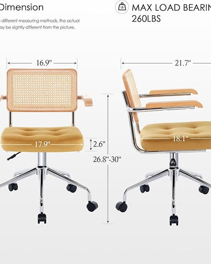 Zesthouse Modern Home Office Chair Velvet Desk Chair with Natural Rattan Back, Vanity Chair for Girls Women, Upholstered Tufted Swivel Armchair, Height Adjustable Computer Task Chair, Yellow - LeafyLoom