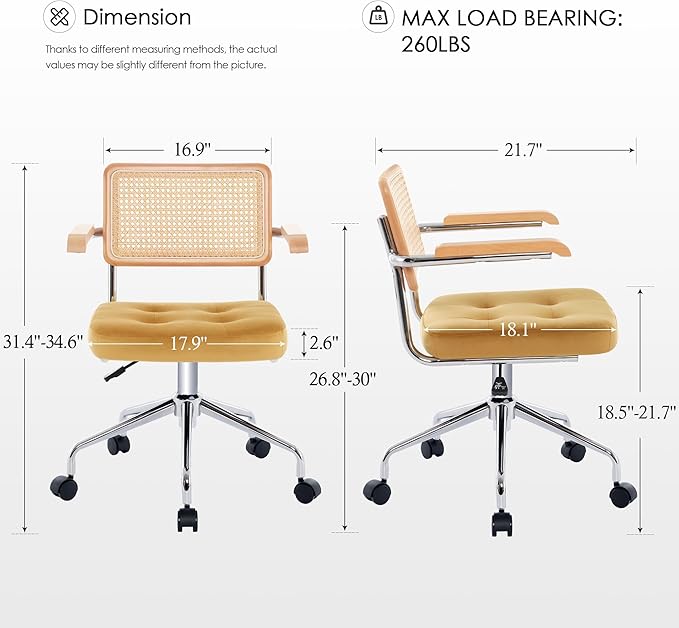Zesthouse Modern Home Office Chair Velvet Desk Chair with Natural Rattan Back, Vanity Chair for Girls Women, Upholstered Tufted Swivel Armchair, Height Adjustable Computer Task Chair, Yellow - LeafyLoom