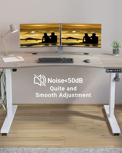 Adjustable Height Electric Standing Desk - 55 x 30 Inch Sit Stand Computer Desk with Splice Board, Stand Up Desk Table for Home Office, White Frame/Oak Top(with Radian) - LeafyLoom