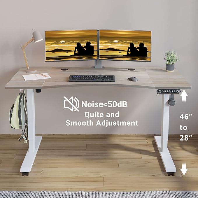 Adjustable Height Electric Standing Desk - 55 x 30 Inch Sit Stand Computer Desk with Splice Board, Stand Up Desk Table for Home Office, White Frame/Oak Top(with Radian) - LeafyLoom
