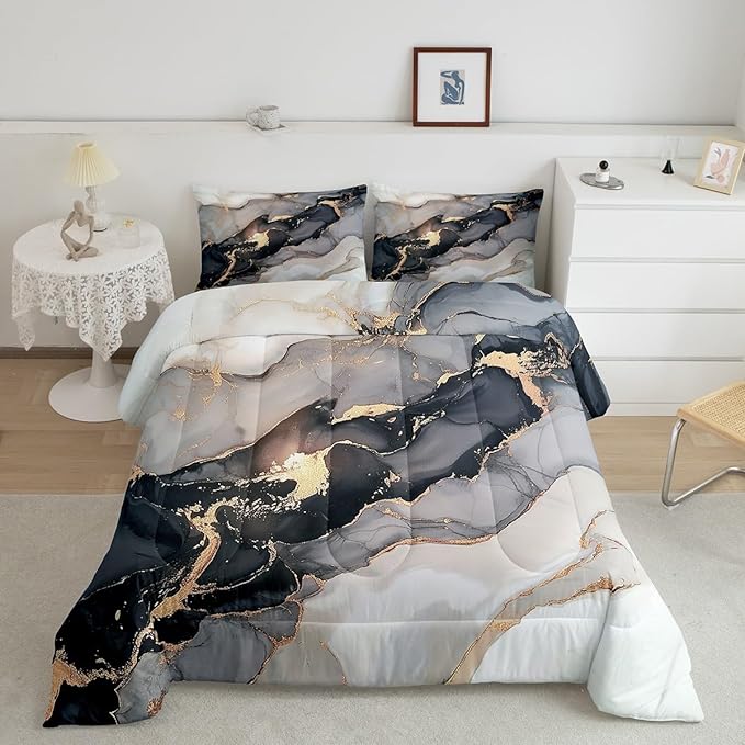Erosebridal Black Marble Bedding Set Full,Black and Grey Marble Comforter Set Men Teens Boys Modern Gray Orange Abstract Art Tie Dye Down Comforter Kids Gothic White Gold Marble Duvet Insert Soft - LeafyLoom