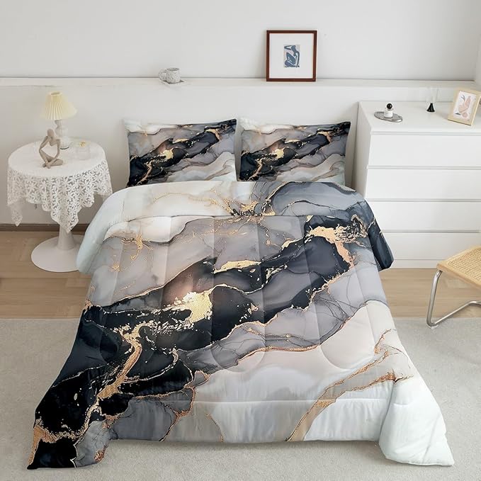 Erosebridal Black Marble Bedding Set King,Black and Grey Marble Comforter Set Men Teens Boys Modern Gray Orange Abstract Art Tie Dye Down Comforter Kids Gothic White Gold Marble Duvet Insert Soft - LeafyLoom