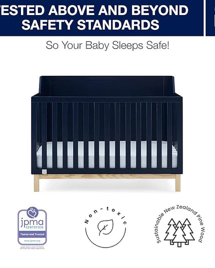 babyGap by Delta Children Oxford 6-in-1 Convertible Crib TrueSleep 2-Stage Deluxe Crib and Toddler Mattress (Bundle), Navy/Natural - LeafyLoom