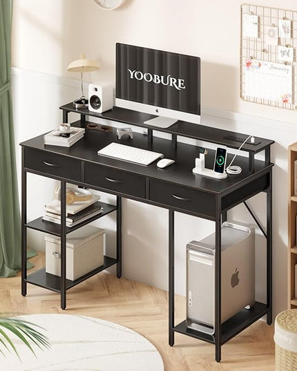 Yoobure Computer Desk with Drawers, Office Desk with LED Lights & Outlets, Small Desk with Storage Shelves, Gaming Desk 48" Home Office Desks with Monitor Stand, Writing Desk for Bedroom Small Spaces - LeafyLoom