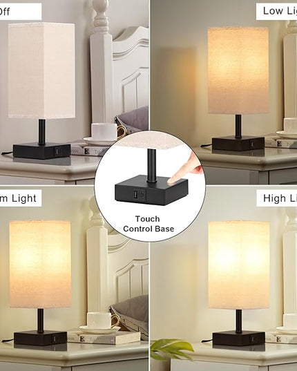 Ambimall Beige Table Lamp with USB Ports - 3 Way Touch Lamps Beside Desk, Nightstand Lamp for Bedrooms Living Room, Beige Shade with Black Base, LED Bulb Included(Beige) - LeafyLoom