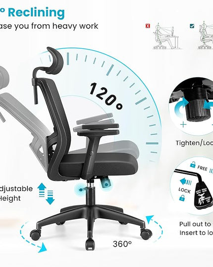 Office Chair Ergonomic Desk Chair High Back Computer Chair Swivel Mesh Task Chair with Adjustable Lumbar Support Armrests Headrest Black - LeafyLoom