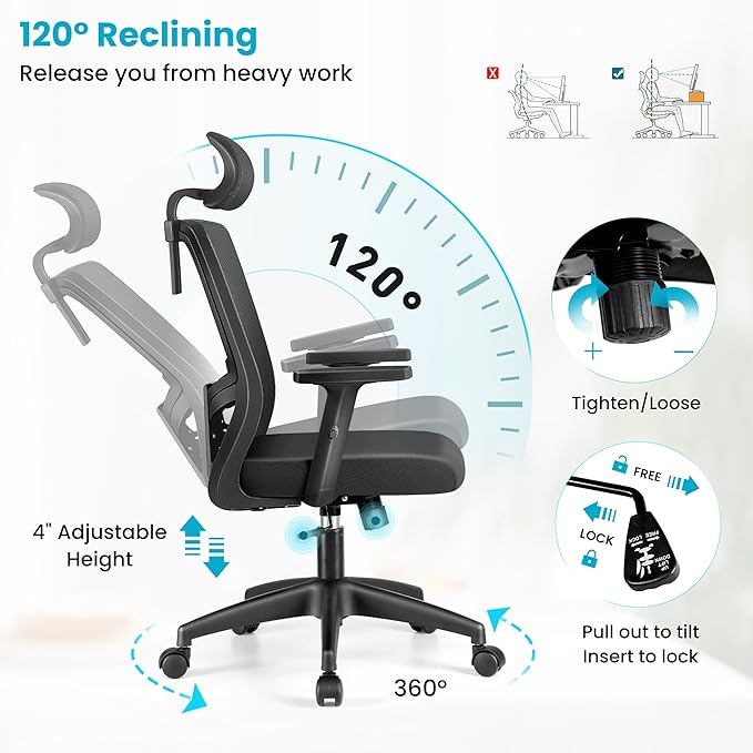 Office Chair Ergonomic Desk Chair High Back Computer Chair Swivel Mesh Task Chair with Adjustable Lumbar Support Armrests Headrest Black - LeafyLoom