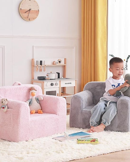 Tiita Toddler Chair Couch, Comfy Fold Out Kids Sofa, Lightweight Children Couch with Carrying Handle & Side Pockets, Kids Foam Armrest Read Sofa for Girl or Boy, Pink - LeafyLoom