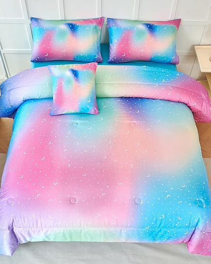 URBONUR Kids Bedding Set Twin Size 6 Pieces Comforter & Sheet Set Colorful Rainbow Tie Dye Stars Printed Girls Bedding Set Ultra Soft Bed Sets - LeafyLoom